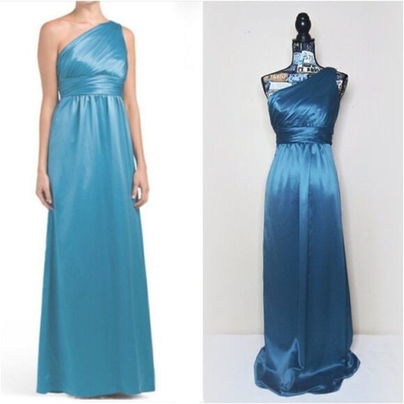 AMSALE Charmeuse One Shoulder Long Formal Maxi Dress 4 Turquoise Pacific Blue - Picture 1 of 13
